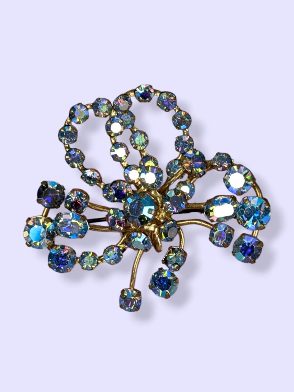 Vintage Mid Century Blue AB Rhinestone Floral Swoop Brooch